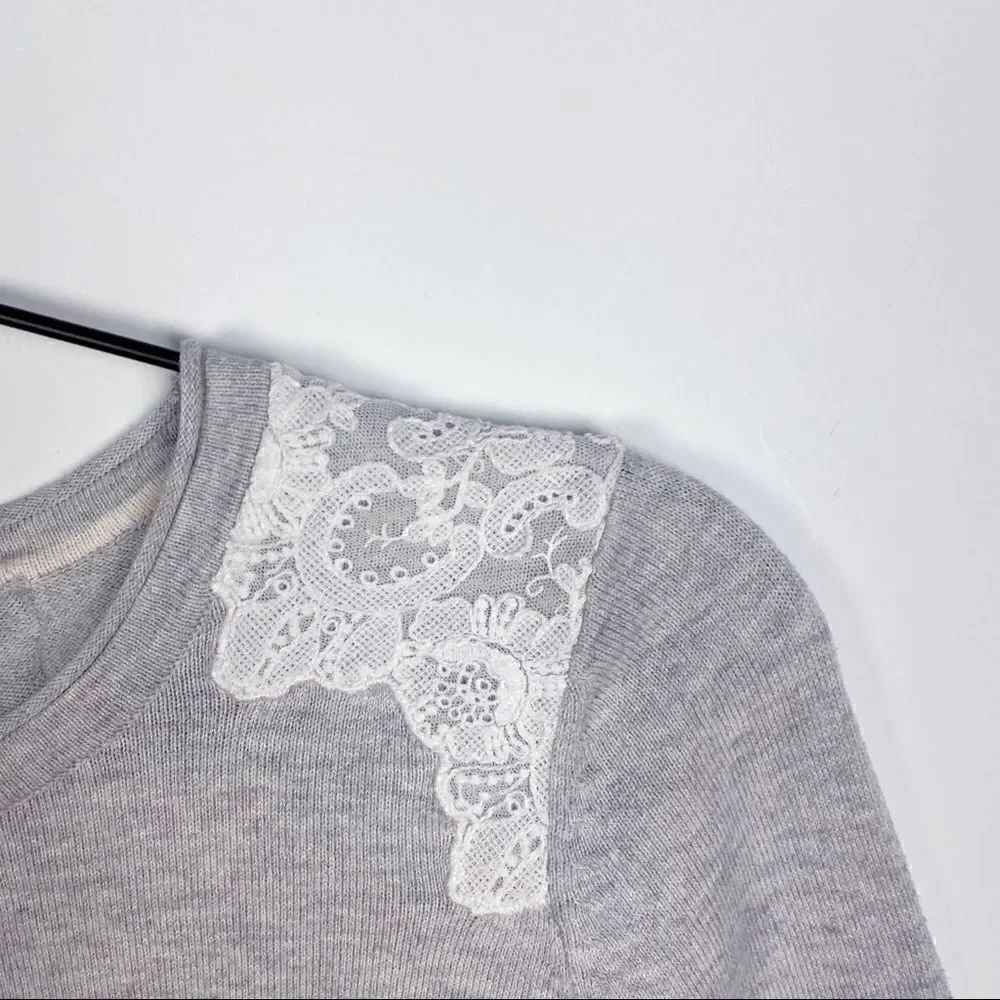 Boden Lace Embellished Sweater Cotton Gray White Long Sleeve Crew Neck 2 - Picture 5 of 13